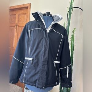 “White Sierra” Outerwear. Black with White Trim Ski Jacket and Ski Pants